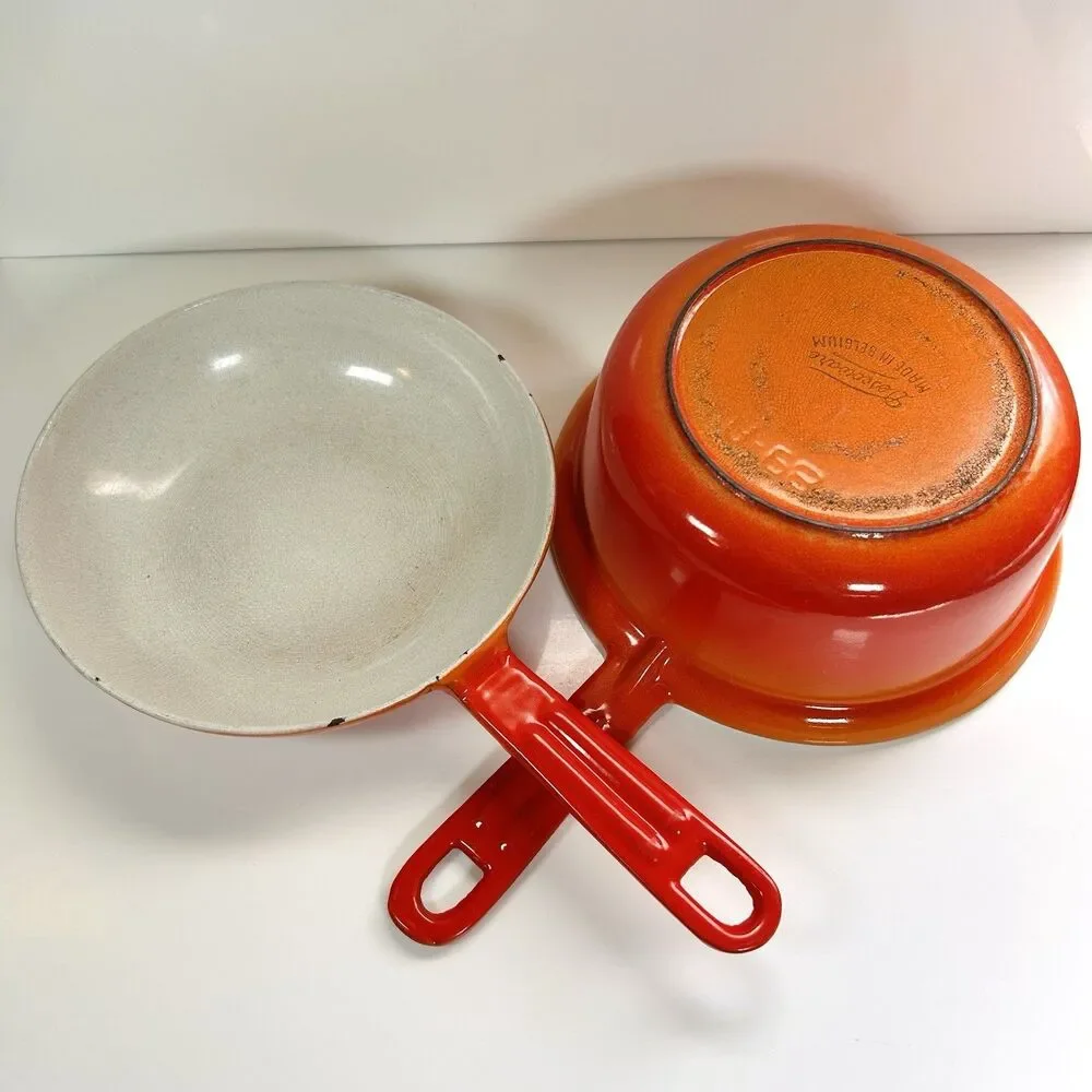 Vintage Descoware Enameled Cast Iron Flame-Orange Saucepan And Skillet-Lid Combo